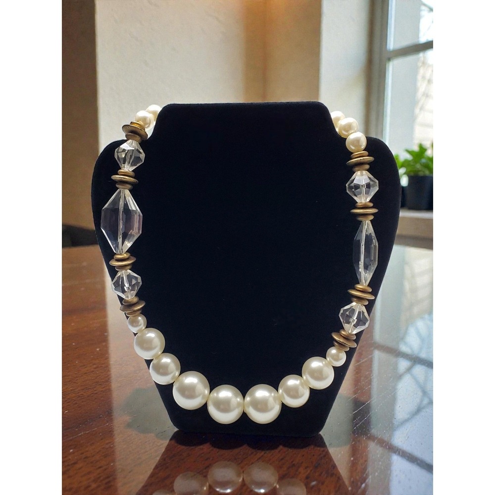 Vintage W. GERMANY Faux Pearl and Crystal Gold Tone Statement Necklace